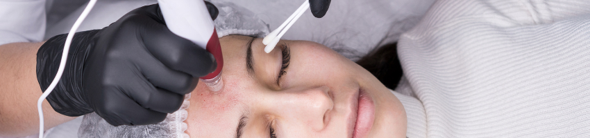 A picture of a women in the middle of Microneedling and excited to her result