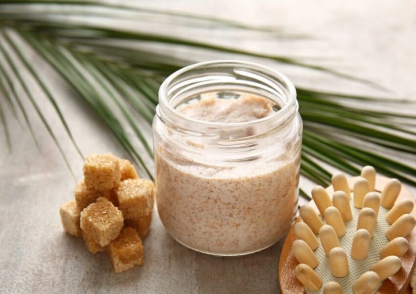 A sugar scrub that is created primarily of sugar.