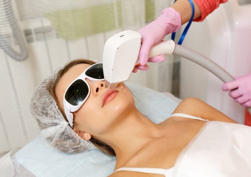 The woman tries upper lip laser hair removal.