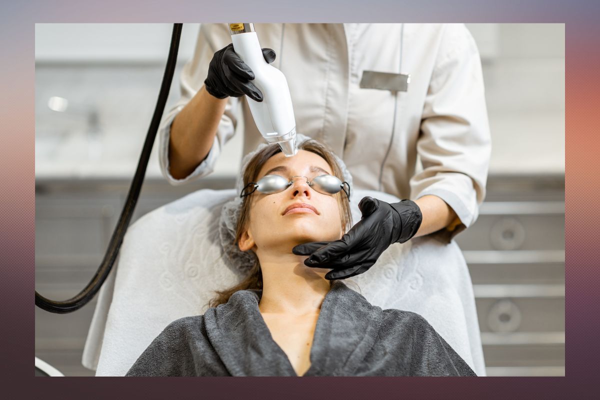 The woman is undergoing a Picosure laser treatment to get rid of melasma.