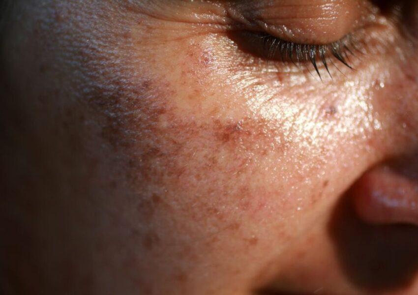 The woman has age spots on her cheeks.