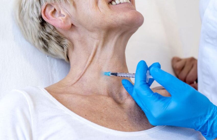 The woman undergoes neck botox to smooth out wrinkles.