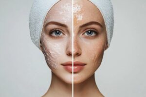 A woman shows off her skin before and during a chemical peel treatment.