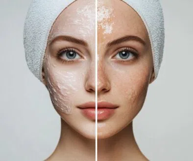 A woman shows off her skin before and during a chemical peel treatment.