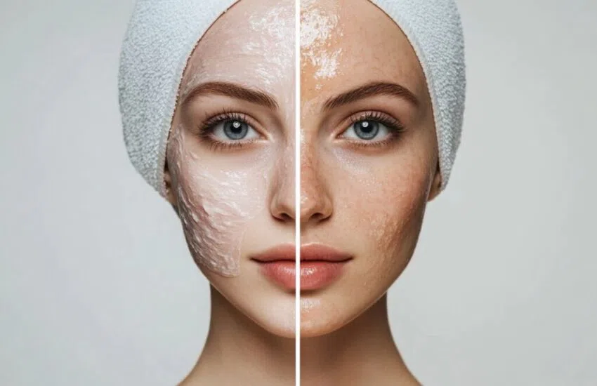 A woman shows off her skin before and during a chemical peel treatment.