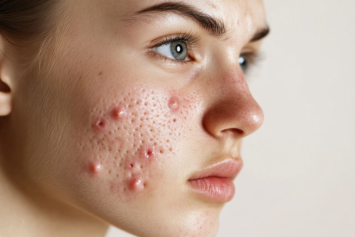 The woman has acne-prone skin.