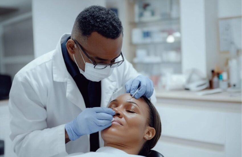 The doctor injects filler into the woman's face.