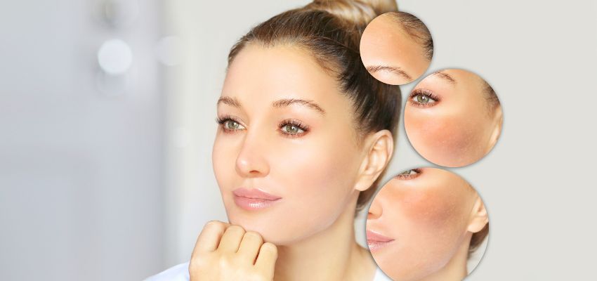 Woman with glowing skin and close-up views of skin texture improvement after BBL halo laser treatment for rejuvenation.