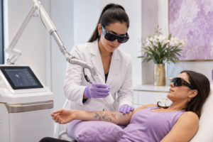 Professional picosecond laser tattoo removal treatment on a patient’s forearm in a Boca Raton medical aesthetics clinic