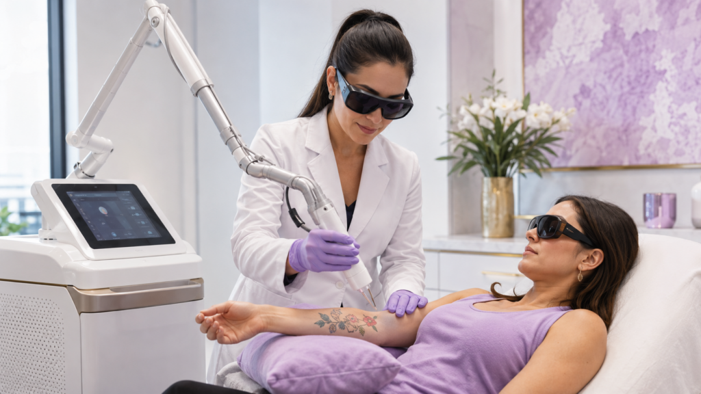 Professional picosecond laser tattoo removal treatment on a patient’s forearm in a Boca Raton medical aesthetics clinic