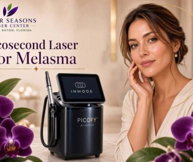 Editorial featured image for picosecond laser melasma treatment at Four Seasons Laser Center in Boca Raton, showing PicoFY by InMode with purple orchids and even-toned skin