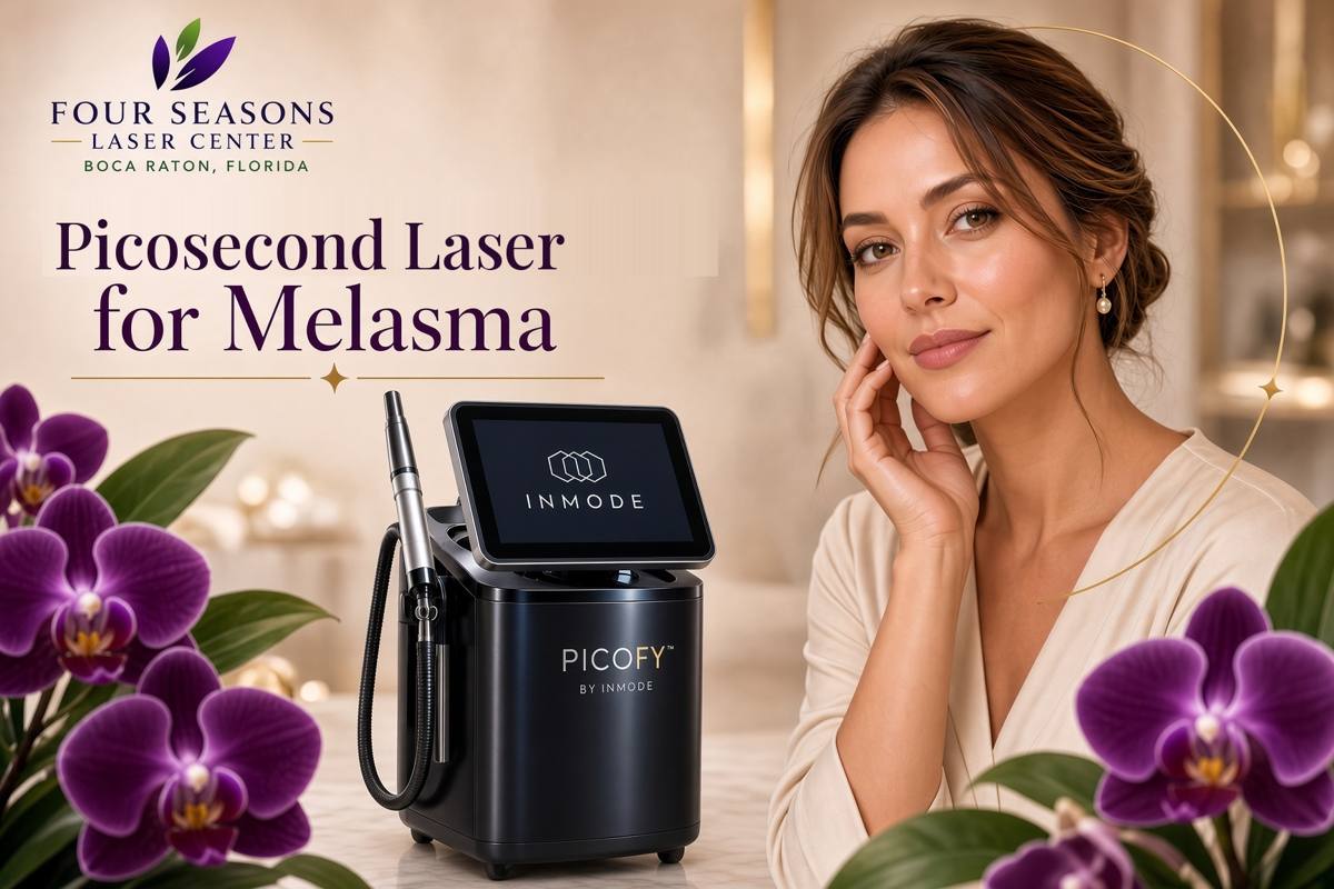 Editorial featured image for picosecond laser melasma treatment at Four Seasons Laser Center in Boca Raton, showing PicoFY by InMode with purple orchids and even-toned skin